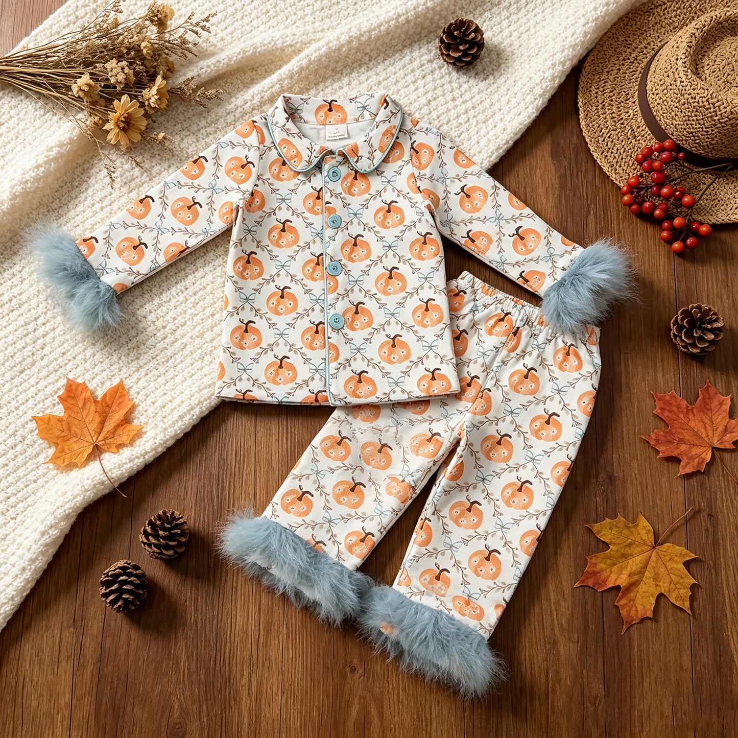 NEW RTS NO MOQ milk silk GLP3338  Baby Girls Floral Pumpkin Print Button Front Long Sleeve Top Elastic Waist Pants Fur Pajama Set
