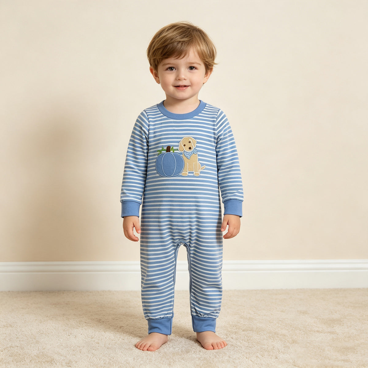 NEW RTS NO MOQ milk silk LR3141 Embroidery Pumpkins Dogs Baby Boys Blue Stripe Fall Pant Rompers