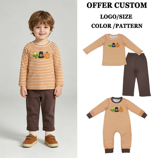 RTS NO MOQ Sibling milk silk Embroidery Pumpkin Baby Boys Orange Stripe Top Pant Fall Clothes Sets Rompers