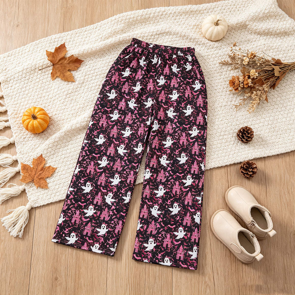 NEW RTS NO MOQ milk silk P1130 Adult Women Ghost Castles Leopard Halloween Pockets Flare Pants Bottom