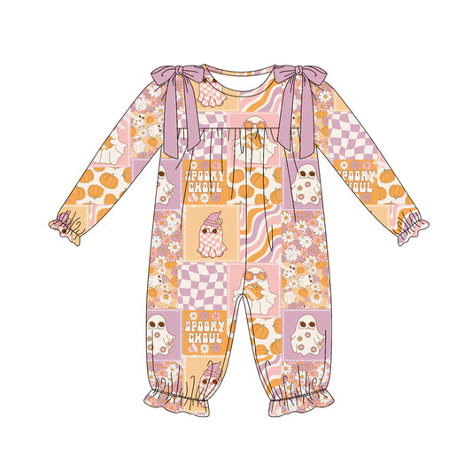 7.12Preorder (moq 5)Baby Girls Long Sleeves Ghosts Pumpkins Plaid Ruffle Pant Romper