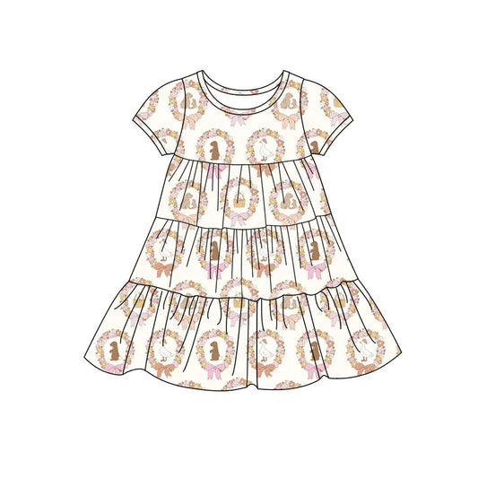 X11.22Preorder(moq 5) Baby Girls Rabbits Eggs Holly Easter Patchwork Ruffle Knee Length Dresses