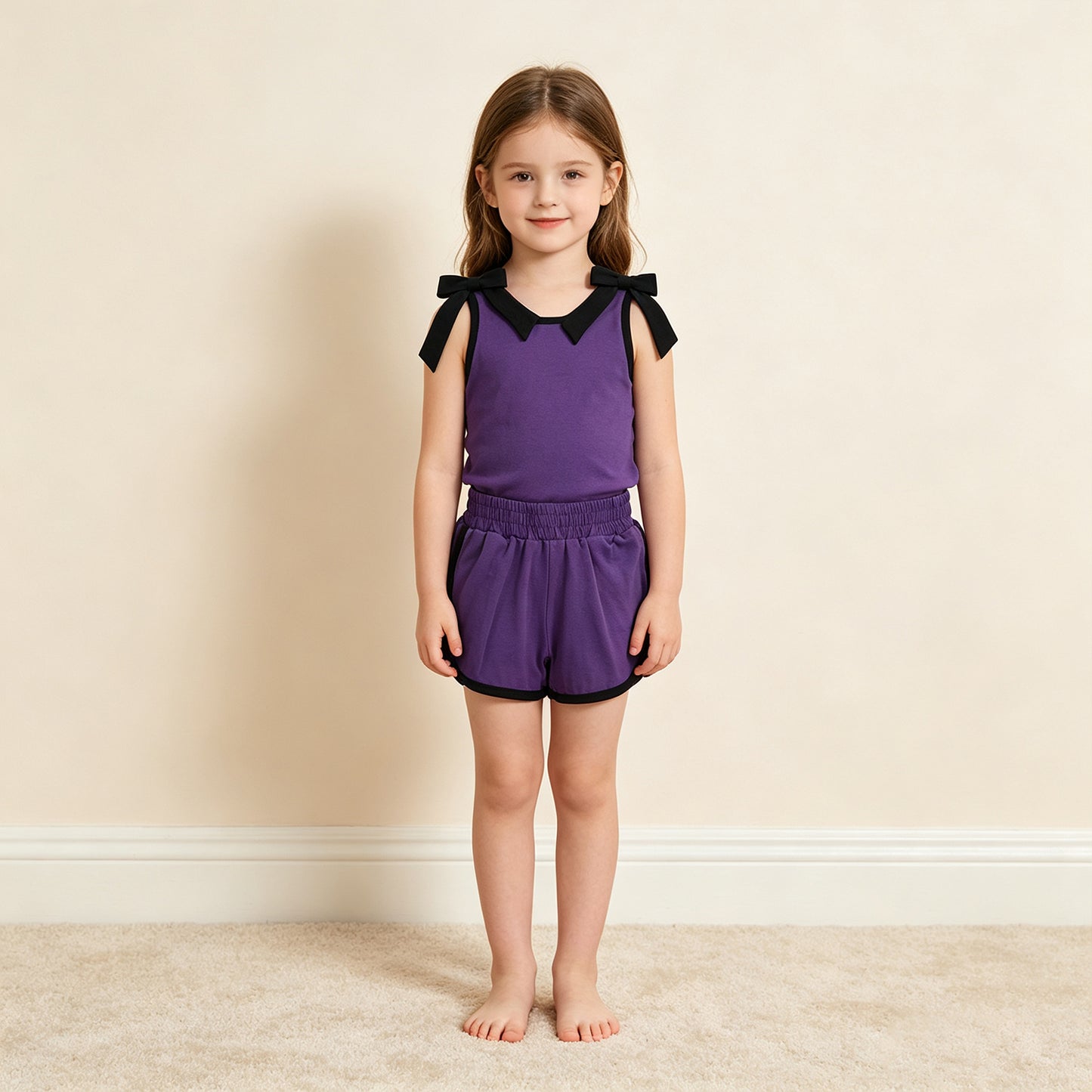 NEW RTS NO MOQ cotton GSSO3815 Baby Girls Purple Black Bows Sleeveless Top Short Sets