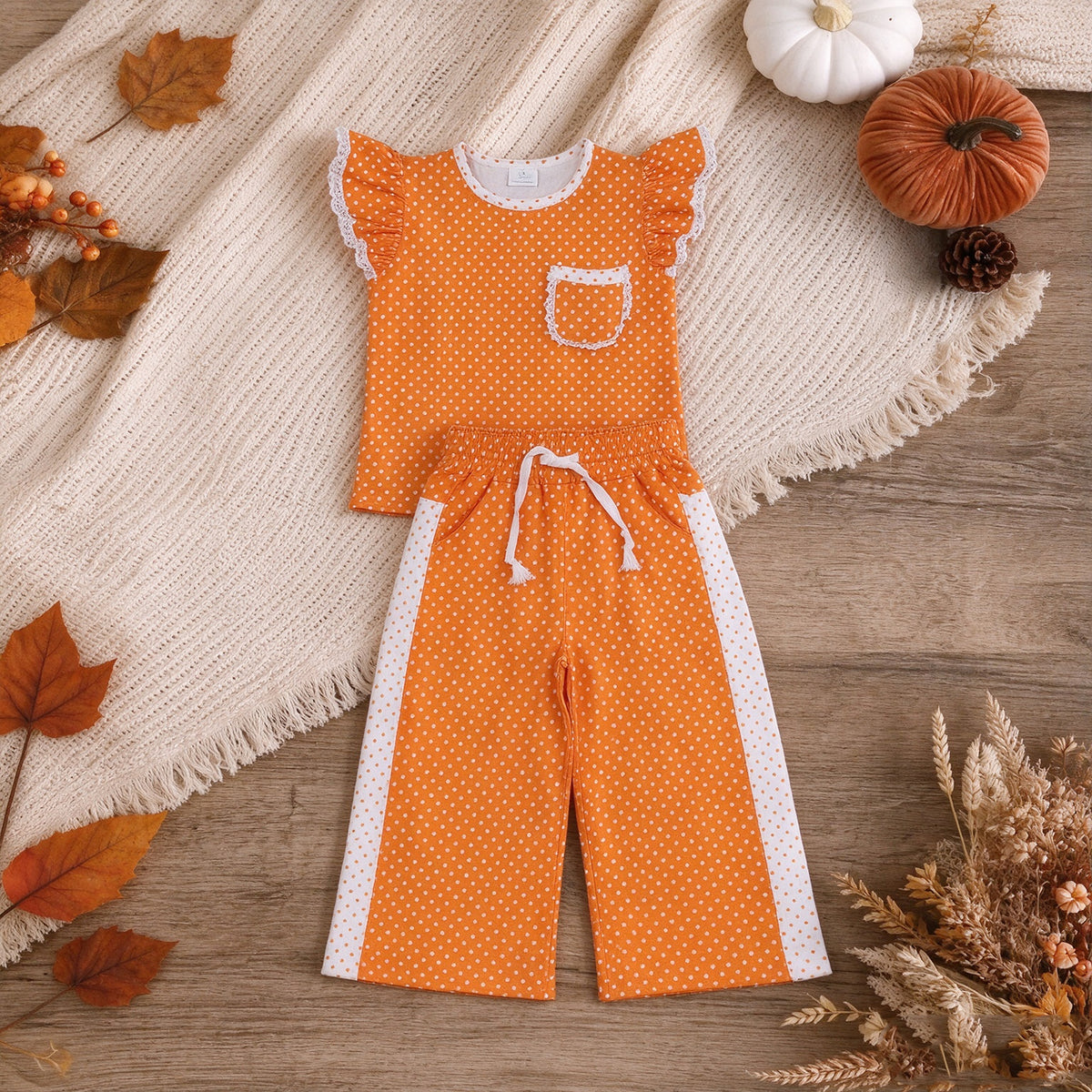 NEW RTS NO MOQ milk silk GSPO2367 Baby Girls Orange White Polka Dots Pocket Top Flare Pant Clothes Set