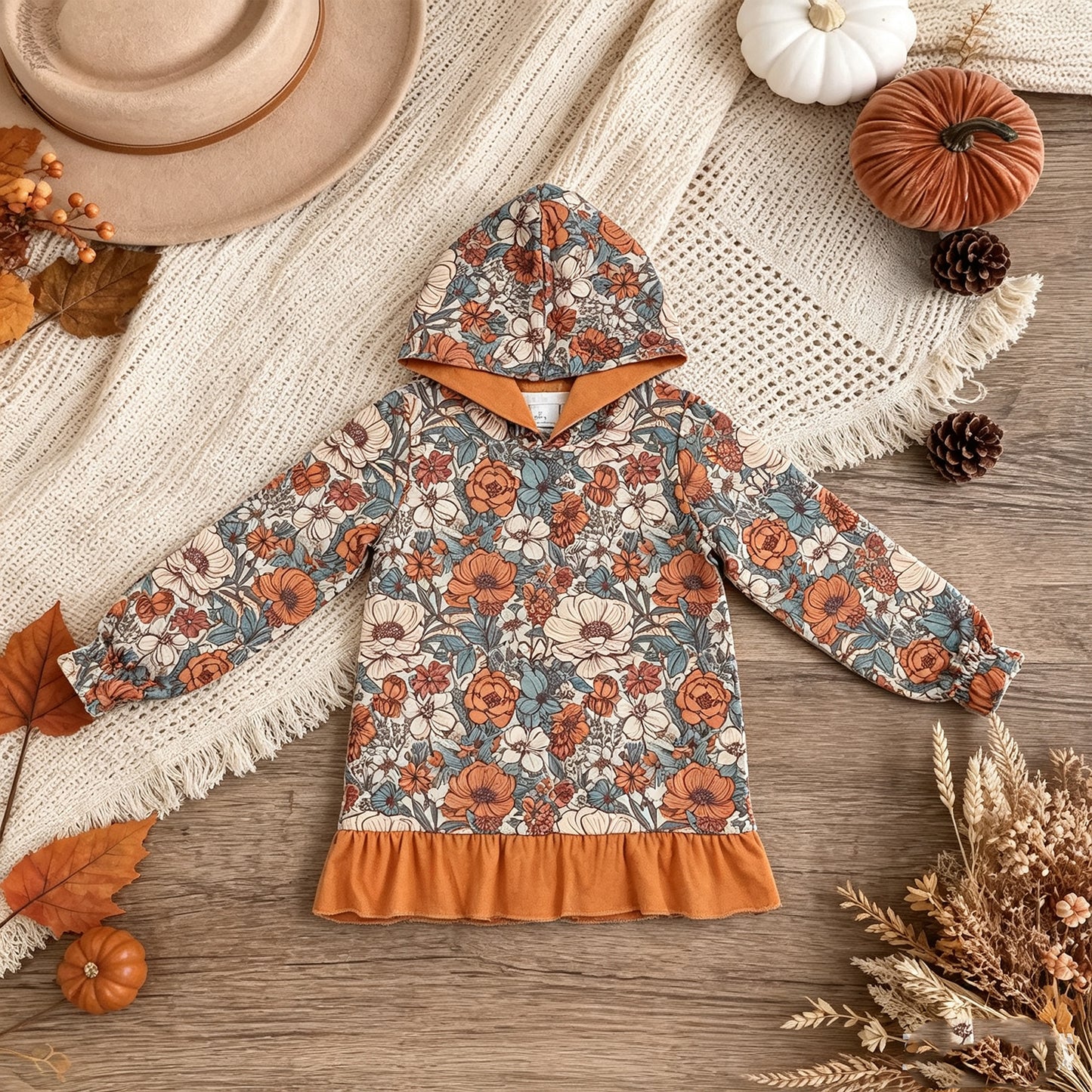 NEW RTS NO MOQ milk silk GT1643 Baby Girls Floral Ruffle Long Sleeve Hoodie Fall Top