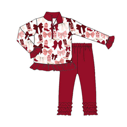 X909Preorder (moq 5)Baby Girls Red Pink Bows Boots Zipper Pullover Valentine Ruffle Leggings Clothes Sets