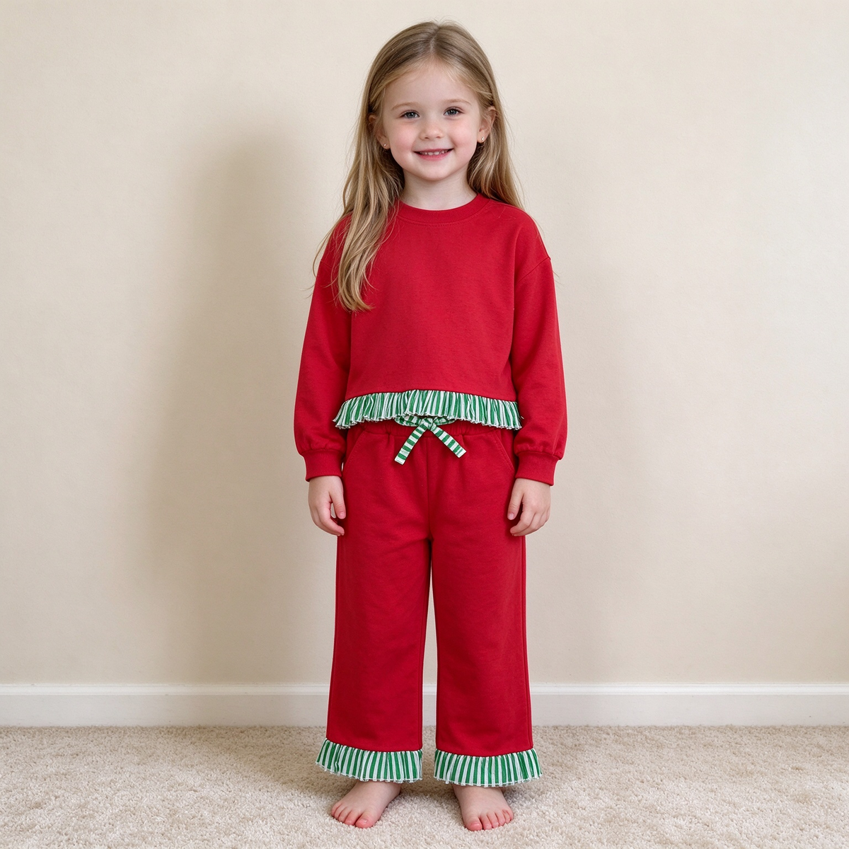 NEW RTS NO MOQ milk silk GLP3916（GT1935+P1153）Baby Girls Red Long Sleeve Scallop Tunic Ruffle Pant Set