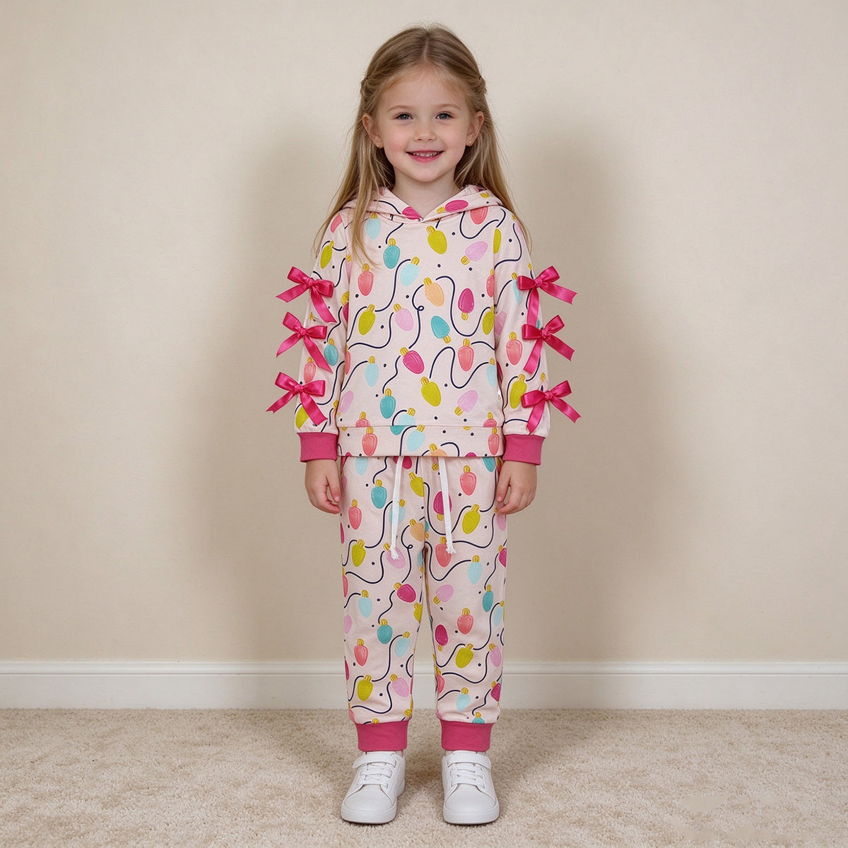 NEW RTS NO MOQ milk silk GLP3613 Baby Girls Colorful Lights Bows Hoodie Pockets Jogger Christmas Clothes Set