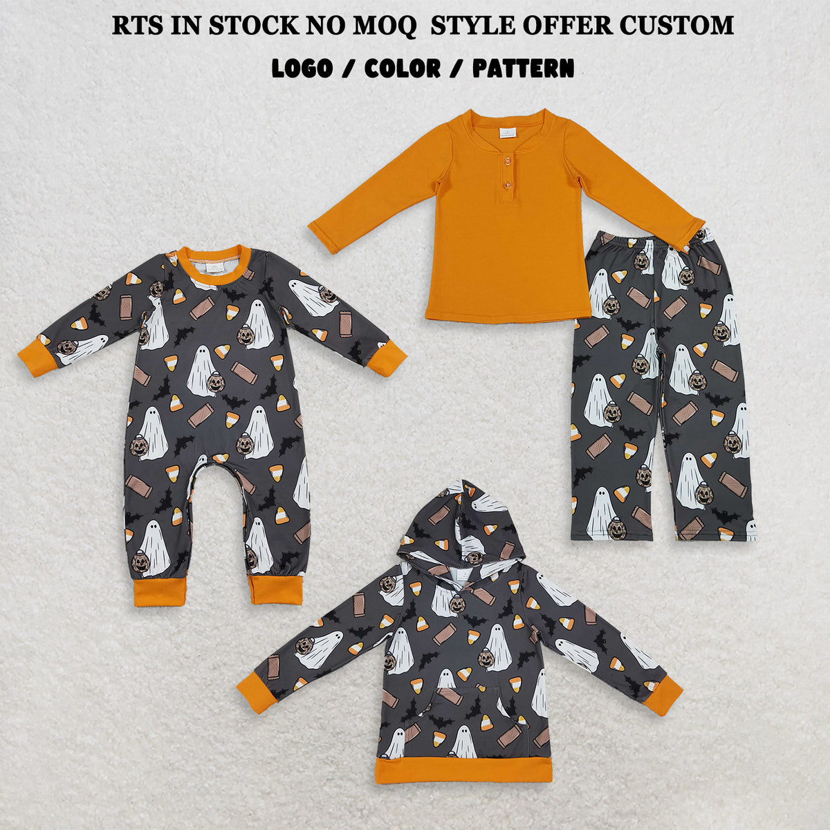 RTS NO MOQ Sibling milk silk Baby Boys Halloween Ghost Candy Bat Print Outfit Set Long Sleeve Top Pants Pajamas Hoodie Baby Zipper Romper Orange Trim Holiday Clothes