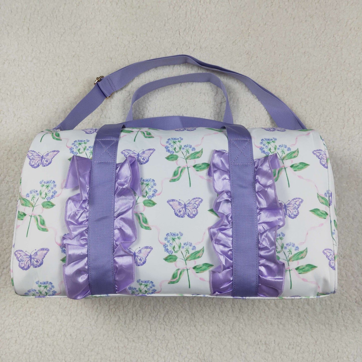 4.19 BA0293 Flowers, leaves, butterflies, purple lace, white gym bag