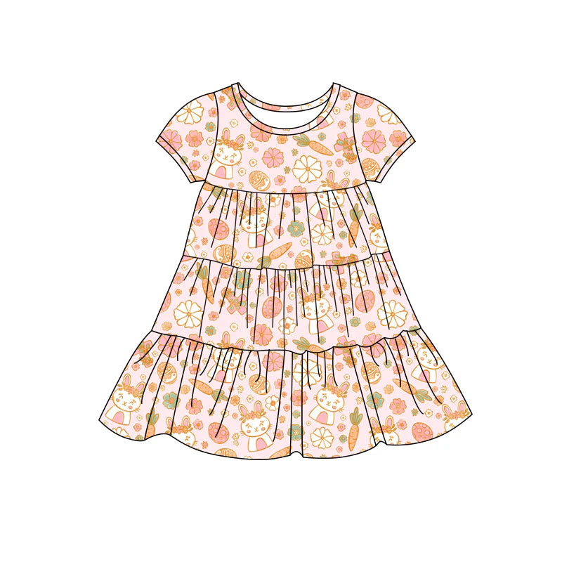 X11.22Preorder(moq 5) Baby Girls Rabbits Carrots Flowers Easter Patchwork Ruffle Knee Length Dresses