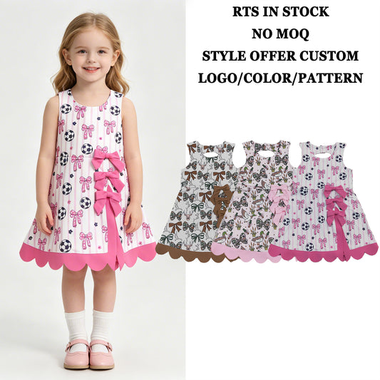 RTS NO MOQ Sibling Yoga Baby Girls Camo Bow Print Scallop Knee Length Yoga Active Dres
