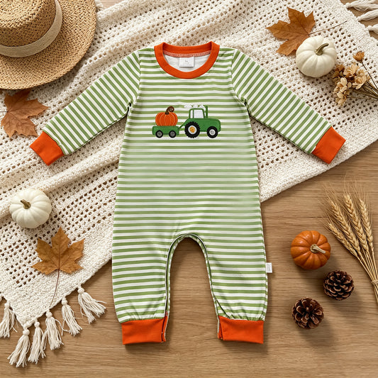 NEW RTS NO MOQ milk silk LR3036 Embroidery Baby Boys Farm Green Stripe Pumpkin Truck Embroidery Long Sleeve Rompers