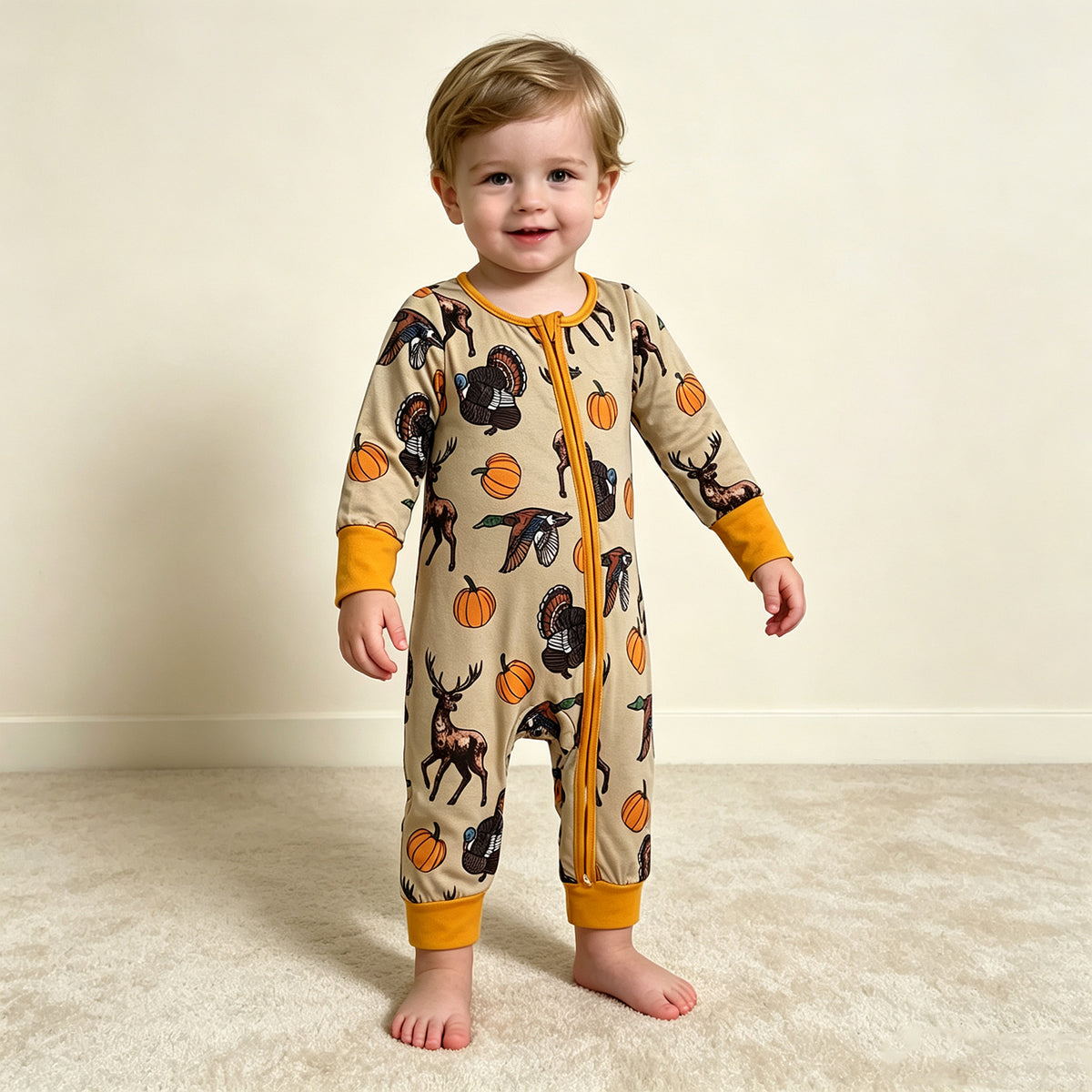NEW RTS NO MOQ milk silk LR3251 Baby Boys Pumpkins Turkey Ducks Deer Thanksgivings Two Way Zip Convertible Rompers