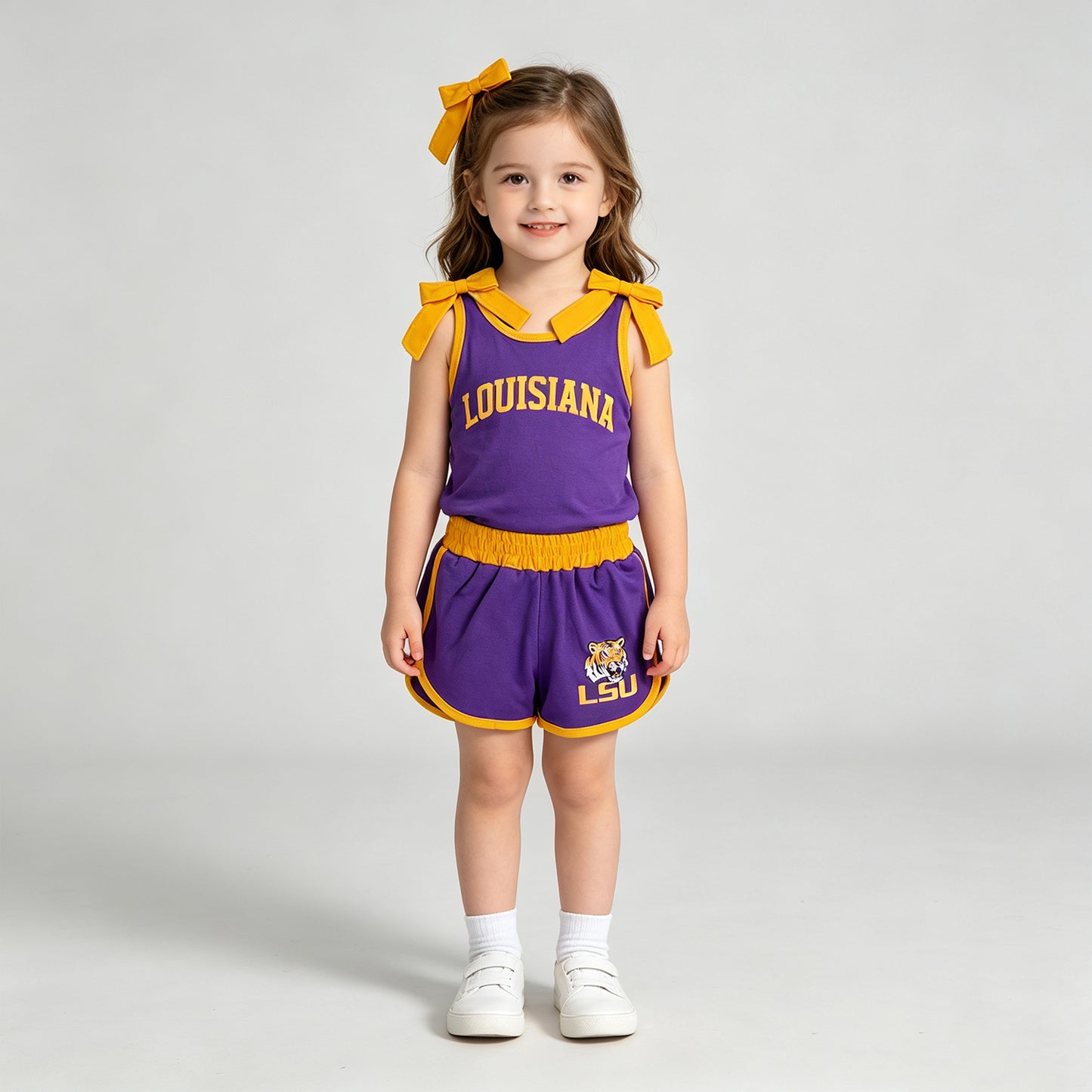 NEW RTS NO MOQ milk silk GSSO3832 Vinyl Baby Girls Team Solid Orange Bow Sleeveless Purple Top Elastic Waist Short Bottom Outfit Set
