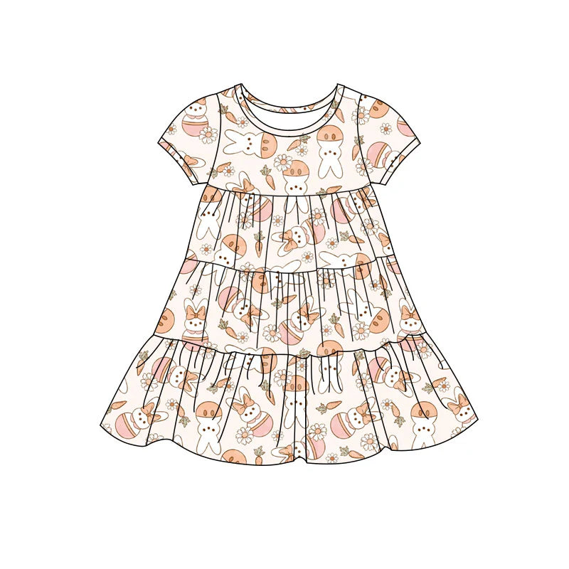 X11.22Preorder(moq 5) Baby Girls Rabbits Carrots Flowers Easter Patchwork Ruffle Knee Length Dresses