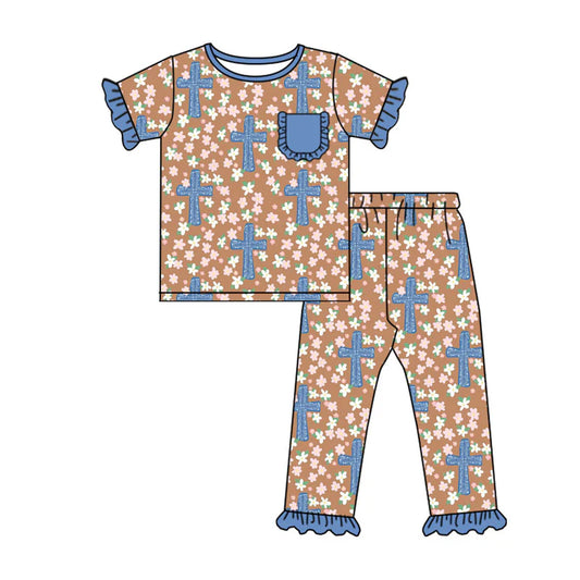 X923Preorder (moq 5)Baby Girls Flowers Crosses Top Ruffle Pants Easter Pajamas Sets