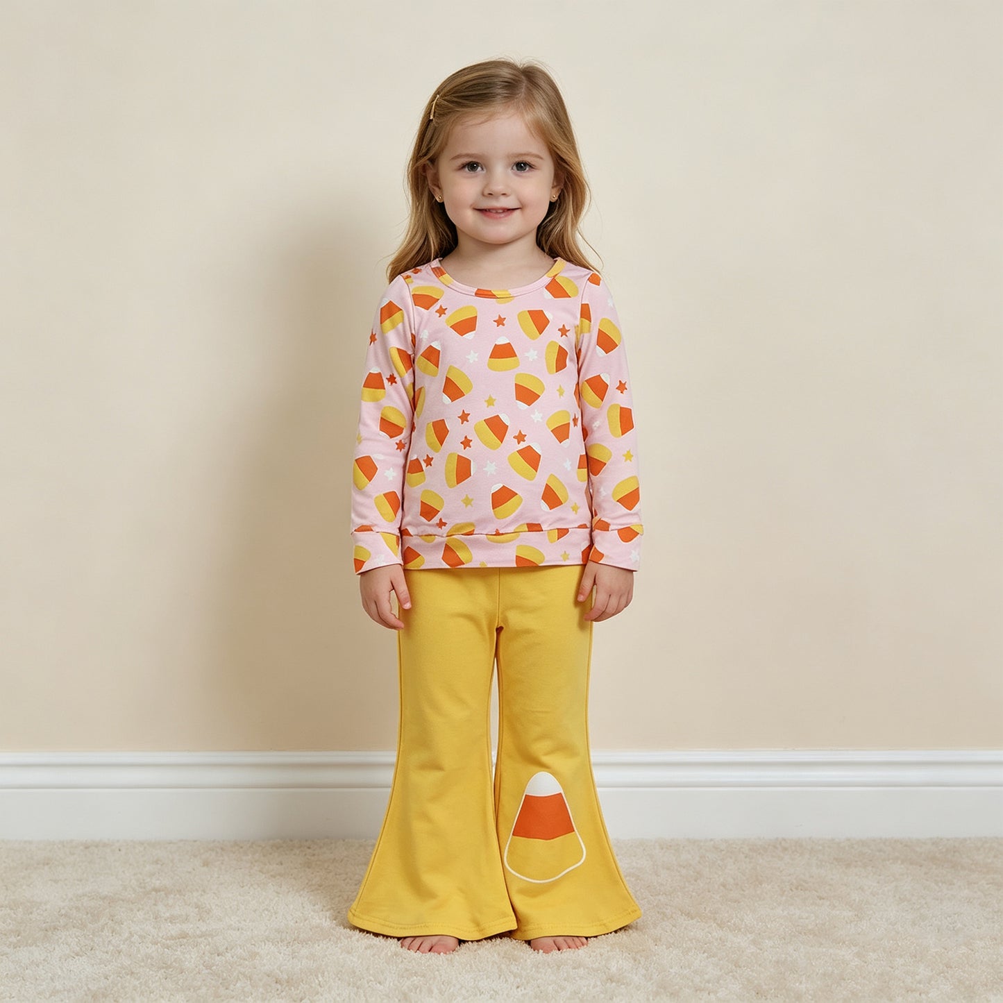 NEW RTS NO MOQ milk silk GLP3535 Baby Girls Pink Print Long Sleeve Top Yellow Flare Pants Halloween Casual Outfit
