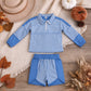 NEW RTS NO MOQ yoga GLS0107（GT1716+SS0950）Baby Girls Blue Stripe Yoga Active Zip Pullovers Tops Shorts Bottom Set