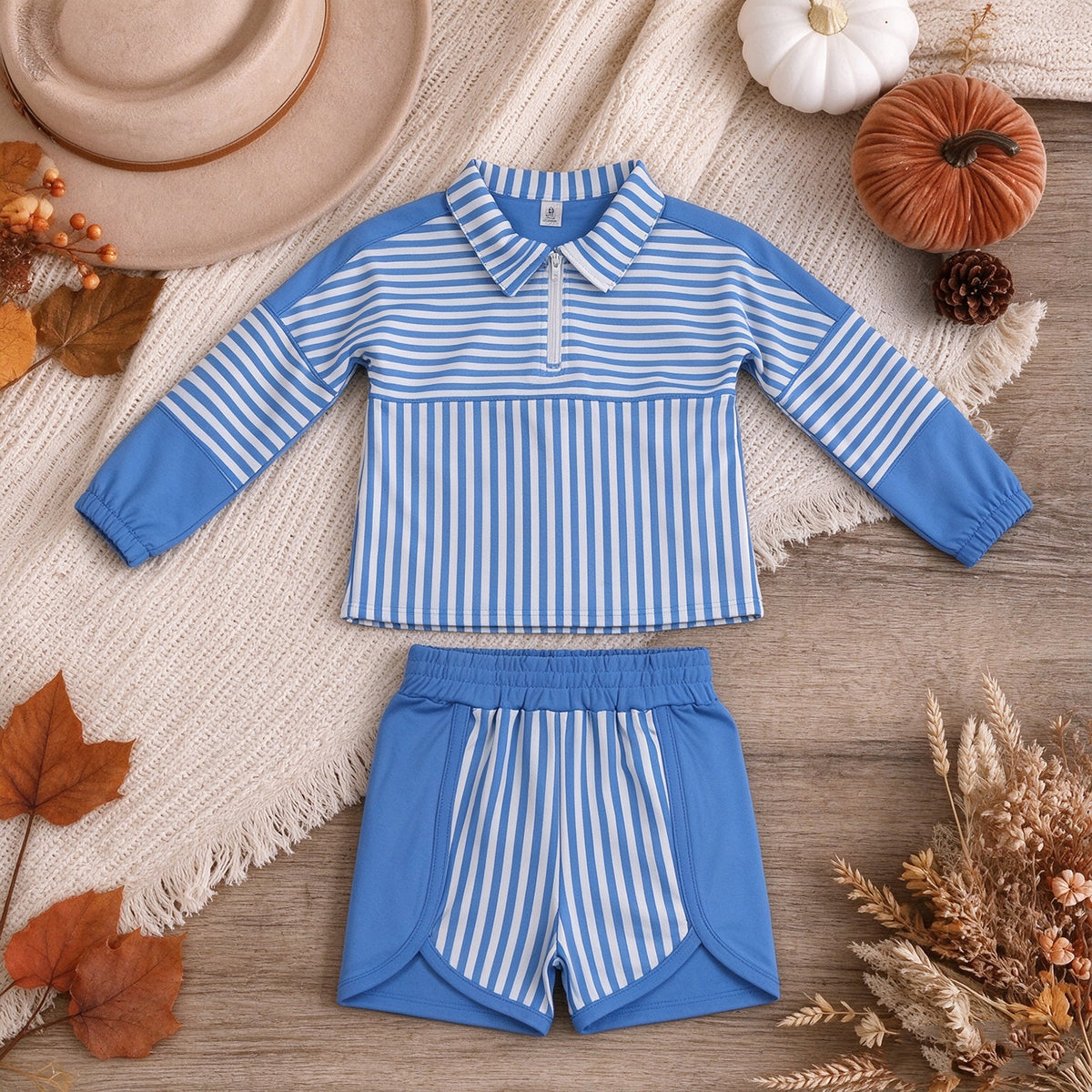 NEW RTS NO MOQ yoga GLS0107（GT1716+SS0950）Baby Girls Blue Stripe Yoga Active Zip Pullovers Tops Shorts Bottom Set