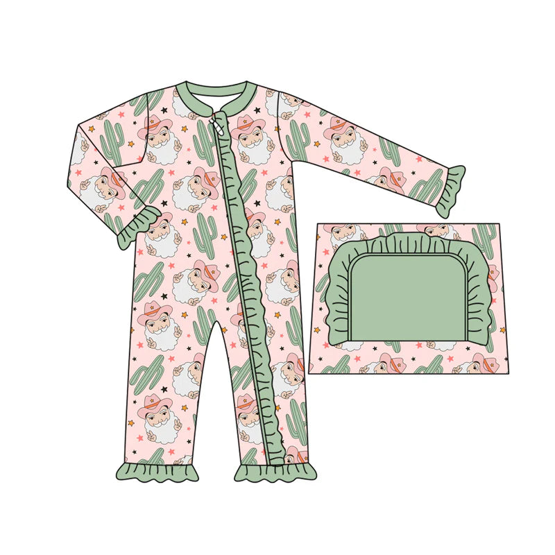 7.19Preorder moq 5 Baby Girls Long Sleeves Santa Cactus Plaid Ruffle Zipper Pant Rompers