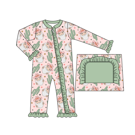 7.19Preorder moq 5 Baby Girls Long Sleeves Santa Cactus Plaid Ruffle Zipper Pant Rompers