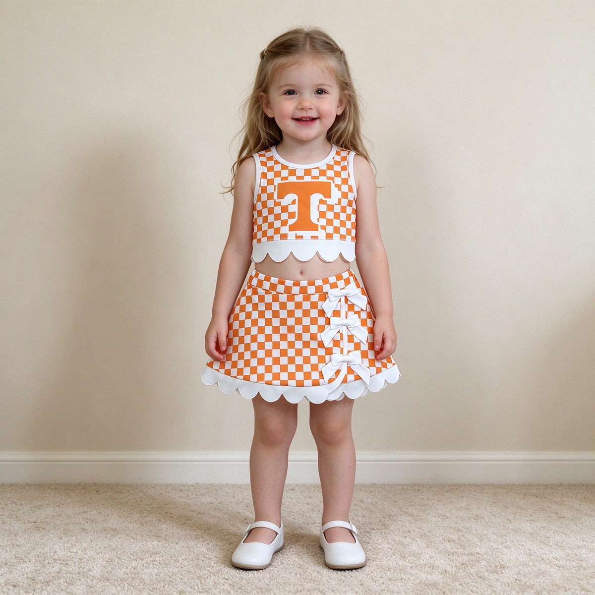NEW RTS NO MOQ Yoga GSD4282 Baby Girls Orange Checked Bows Skort Team Yoga Scallop Set