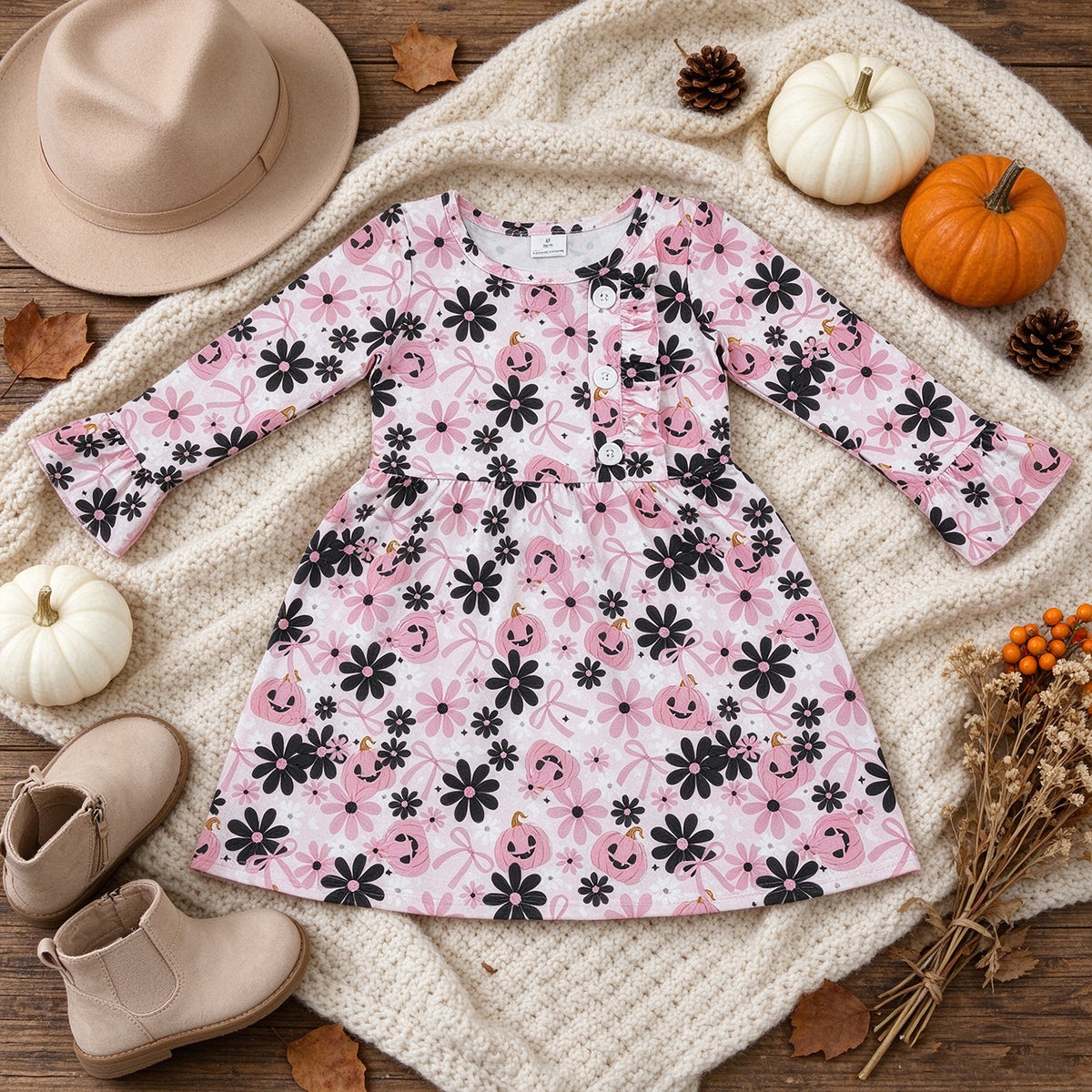 NEW RTS NO MOQ milk silk GLD1637 Baby Girls Ghosts Pumpkins Flowers Button Halloween Knee Length Dresses