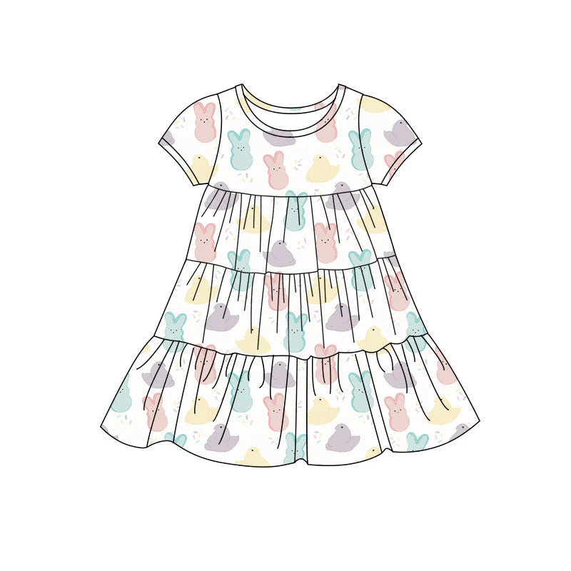 X11.22Preorder(moq 5) Baby Girls Colorful Rabbits Chicks Easter Patchwork Ruffle Knee Length Dresses