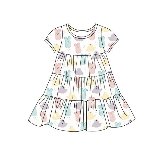 X11.22Preorder(moq 5) Baby Girls Colorful Rabbits Chicks Easter Patchwork Ruffle Knee Length Dresses