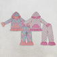 RTS NO MOQ Sibling milk silk Baby Girls Floral Print Ruffle Hoodie Kangaroo Pocket Flare Pants Set