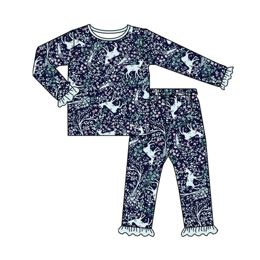 8.8Preorder(moq 5) Baby Girls Blue Floral Deer Button Top Pants Pajamas Clothes Set