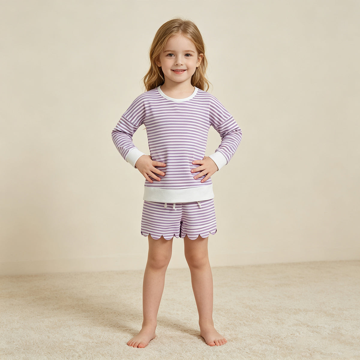 RTS NO MOQ yoga fabric GLS0155 Baby Girls Purple Stripe Long Sleeve Top Pockets Scallop Short Yoga Active Clothes Set