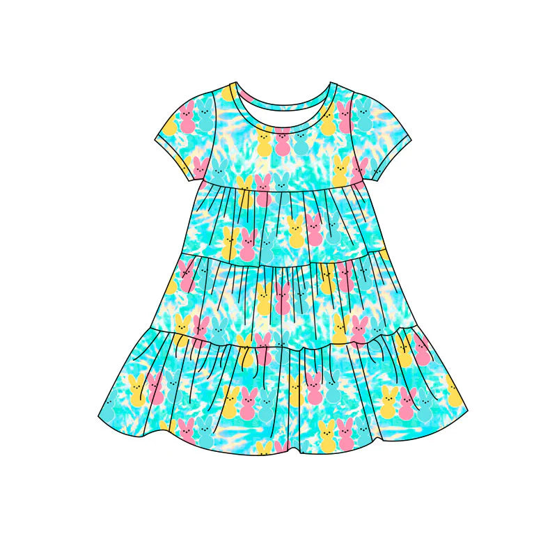 X11.22Preorder(moq 5) Baby Girls Colorful Rabbits Easter Patchwork Ruffle Knee Length Dresses