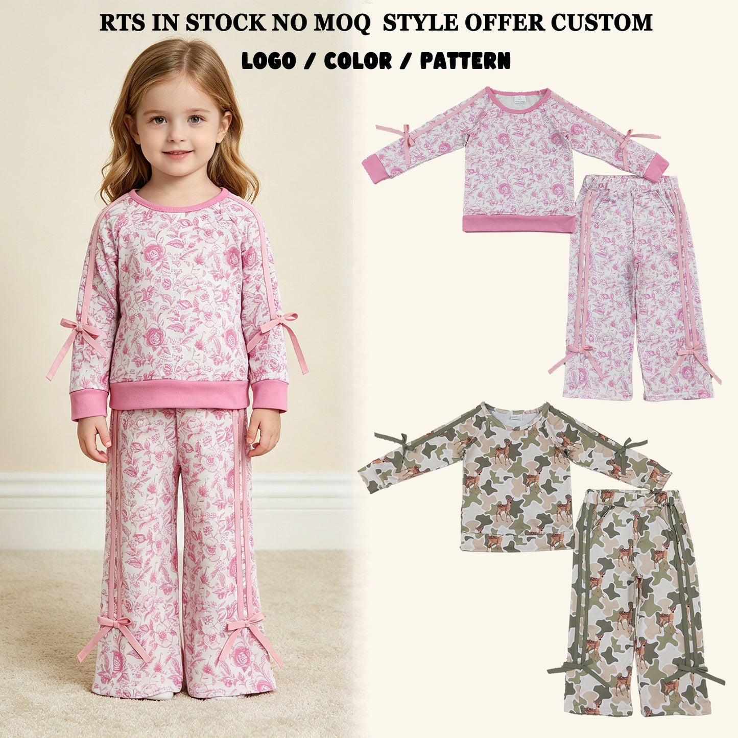 RTS NO MOQ Sibling milk silk Baby Girls Bows Long Sleeve Top Pockets Flare Pant Clothes Sets