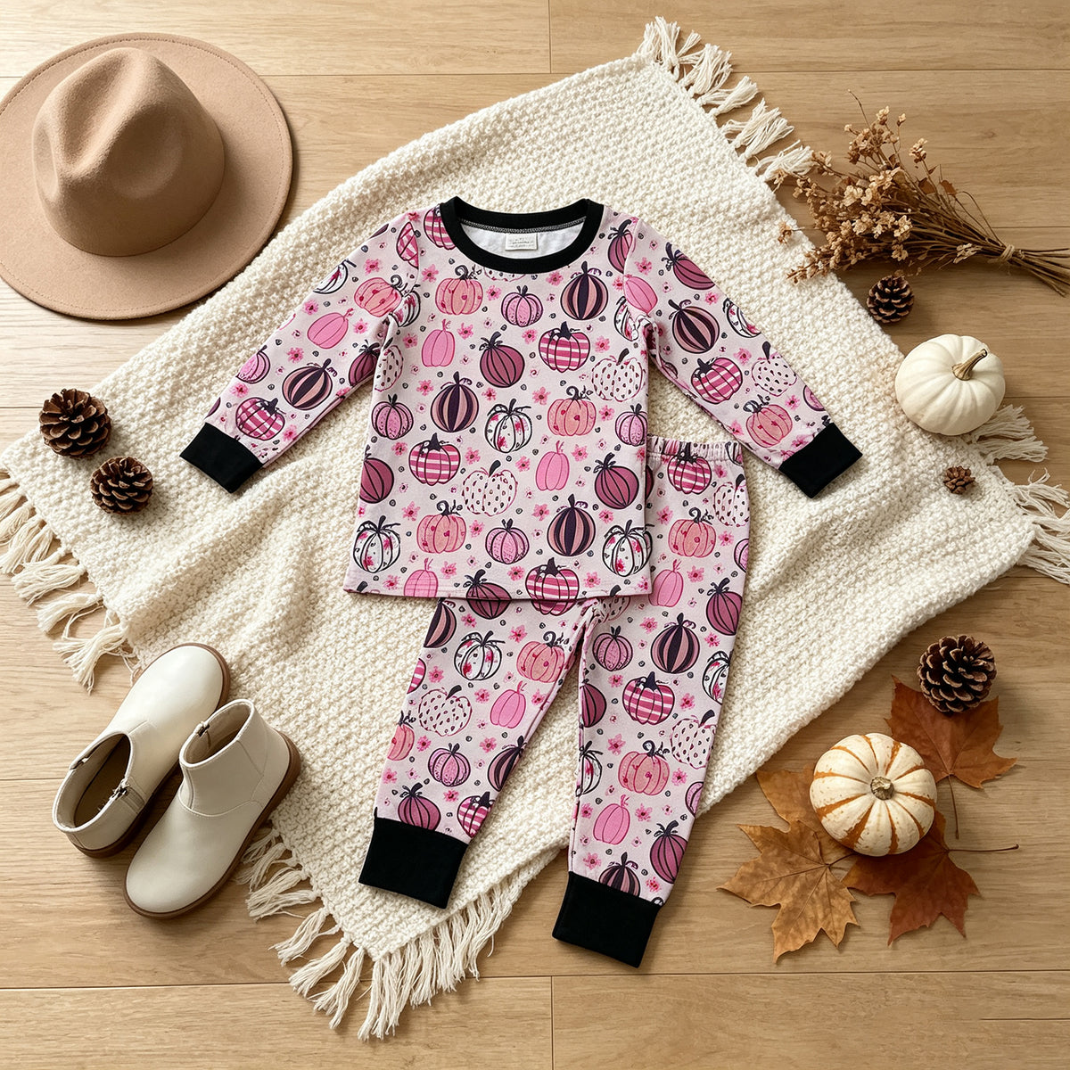 NEW RTS NO MOQ milk silk GLP3357 Baby Girls Flowers Pumpkins Top Pant Fall Pajamas Sets