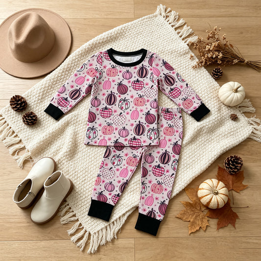 NEW RTS NO MOQ milk silk GLP3357 Baby Girls Flowers Pumpkins Top Pant Fall Pajamas Sets