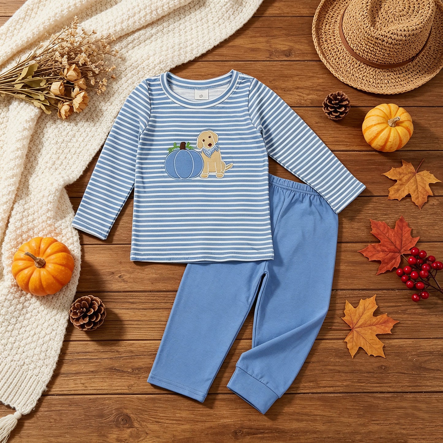NEW RTS NO MOQ milk silk BLP1500 Embroidery Pumpkin Dogs Baby Boys Blue Stripe Top Pants Fall Clothes Sets