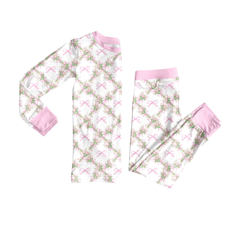 7.31Preorder(moq 5) Baby Girls Long Sleeves Pink Bows Flowers Plaid Top Pants Pajamas Set
