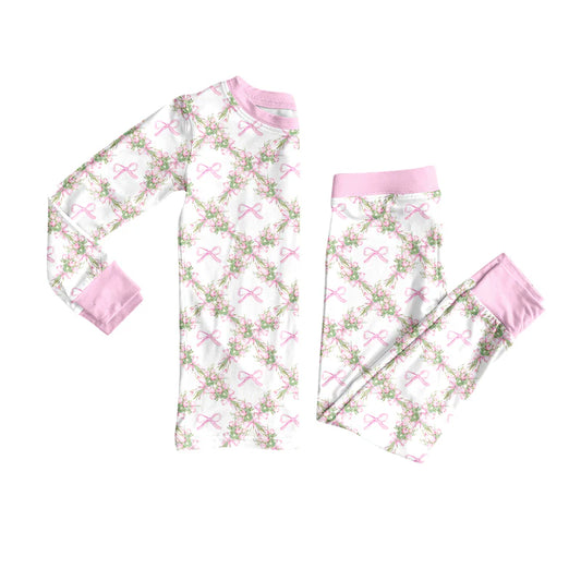 7.31Preorder(moq 5) Baby Girls Long Sleeves Pink Bows Flowers Plaid Top Pants Pajamas Set