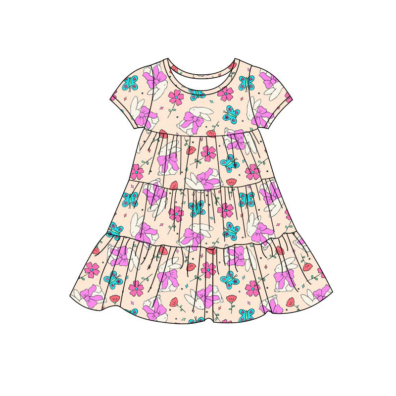 X11.22Preorder(moq 5) Baby Girls Butterfly Rabbits Easter Patchwork Ruffle Knee Length Dresses