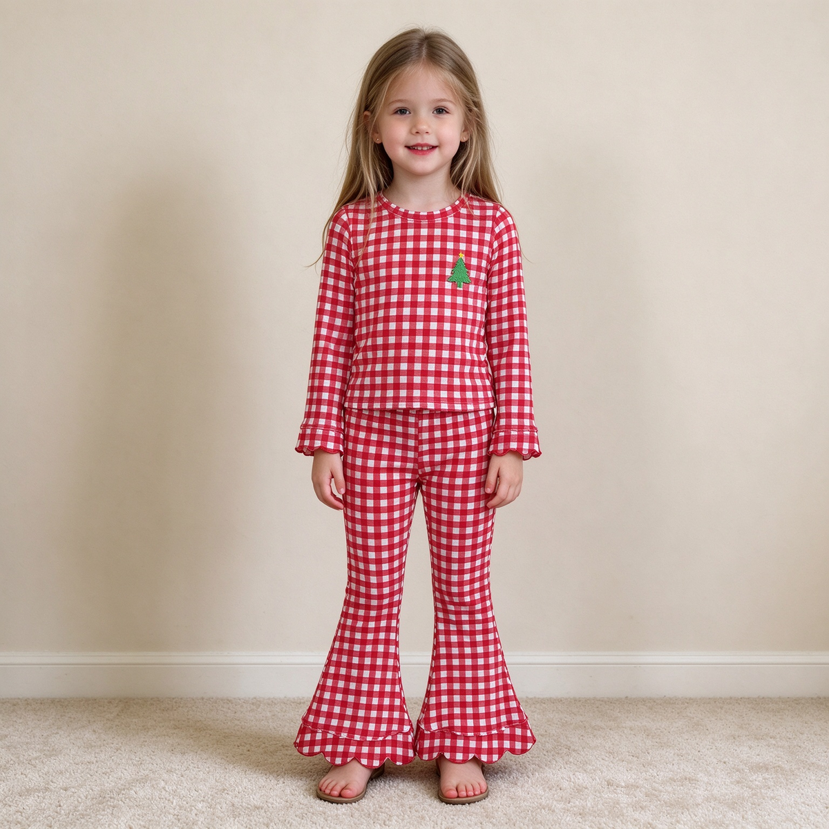 NEW RTS NO MOQ milk silk GLP3590 Embroidery Trees Baby Girls Red Checked Top Scallop Flare Pant Christmas Clothes Set