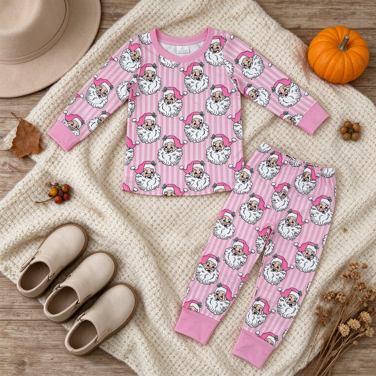 NEW RTS NO MOQ milk silk GLP3440 Baby Girls Pink Stripe Santa Top Pant Christmas Pajamas Set