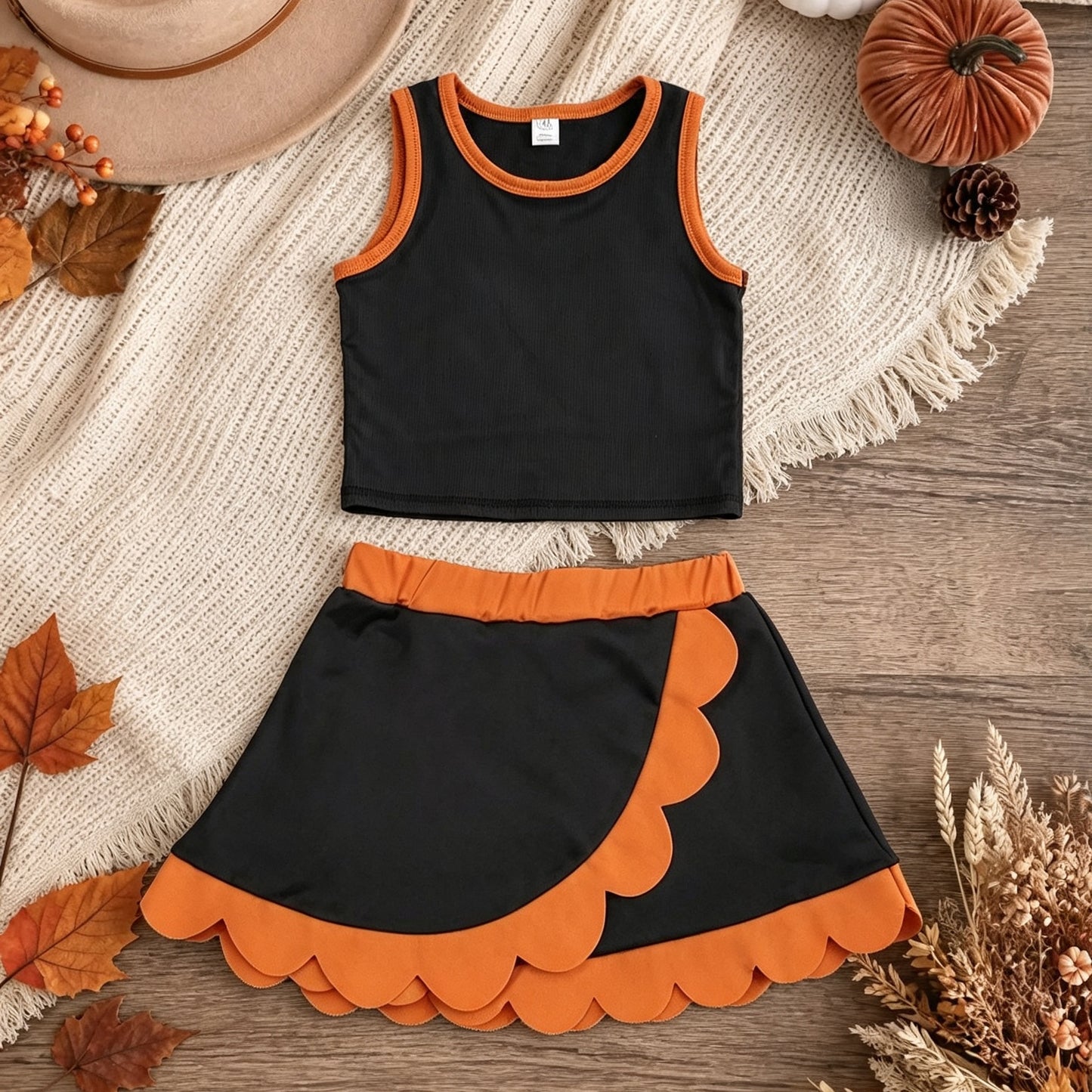 NEW RTS NO MOQ yoga fabric cotton GSD4259 Baby Girls Orange Black Vest Scallop Skirt Short Yoga Active Clothes Set
