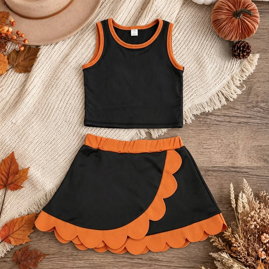 NEW RTS NO MOQ yoga fabric cotton GSD4259 Baby Girls Orange Black Vest Scallop Skirt Short Yoga Active Clothes Set