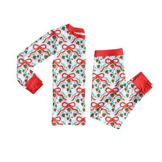 8.4Preorder (moq 5)Baby Girls Red Bows Strawberry Plaid Top Pant Pajamas Set