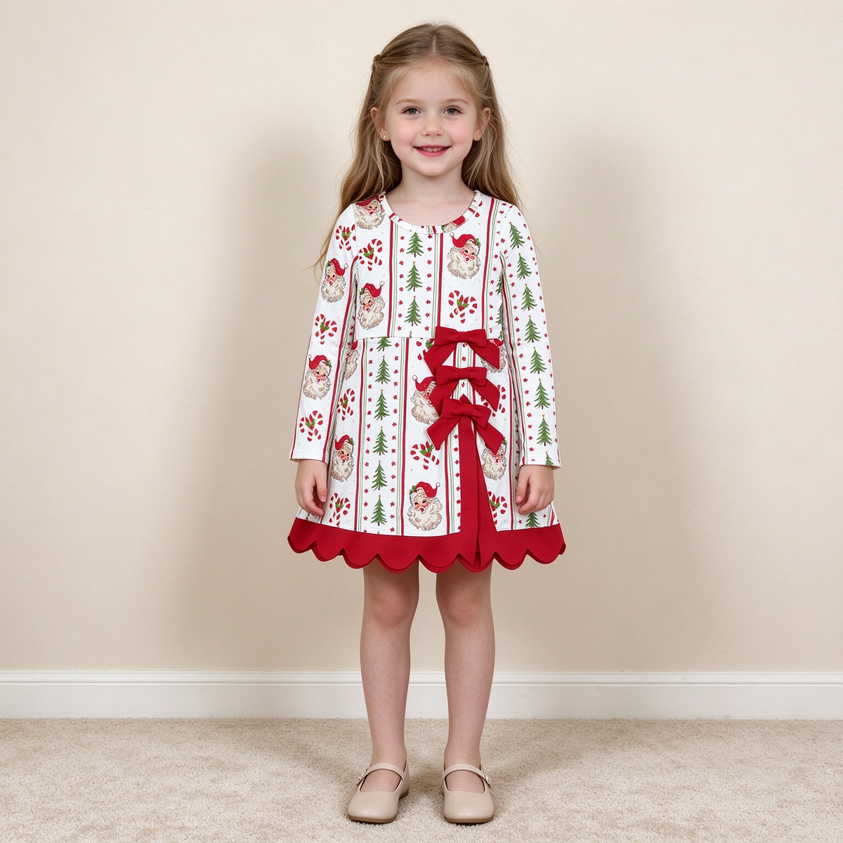 NEW RTS NO MOQ yoga fabric GLD1650 Baby Girls Santa Candy Cane Christmas Yoga Active Short Bows Scallop Dress