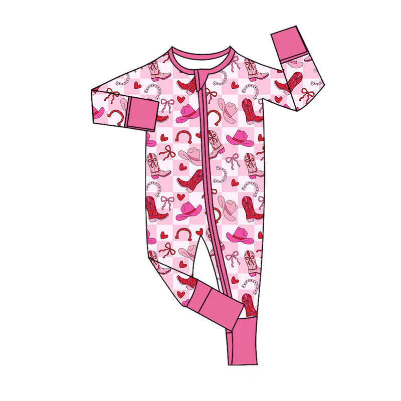 X11.12Preorder (moq 5)Baby Girls Pink Checked Hearts Boots Western Valentines Two Way Zip Convertible Rompers