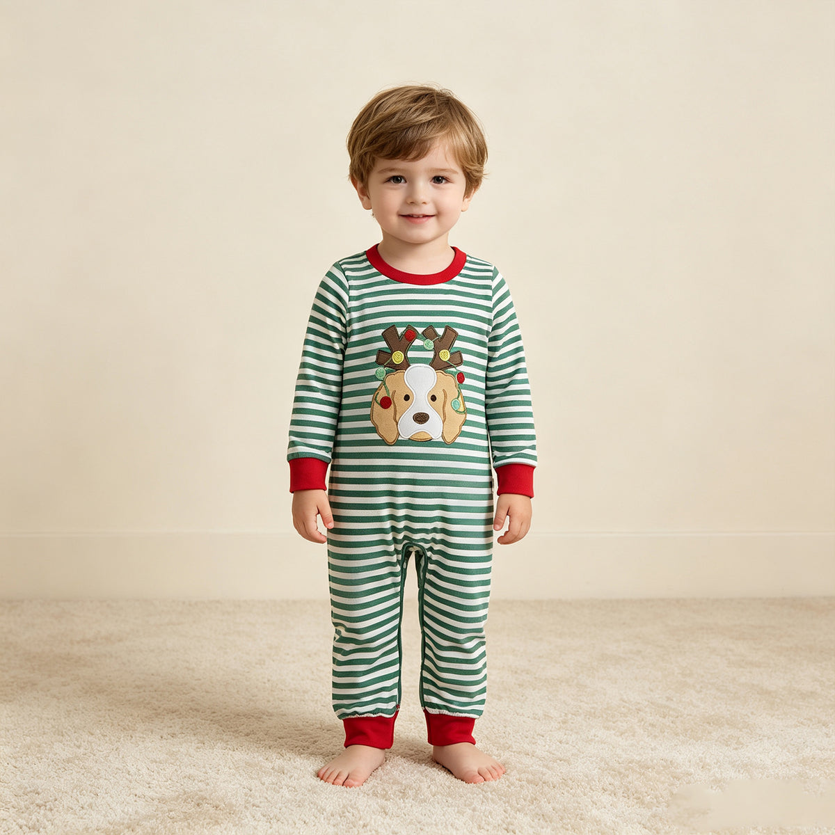 NEW RTS NO MOQ milk silk LR3146 Embroidery Lights Dog Baby Boys Green Stripe Christmas Pant Rompers