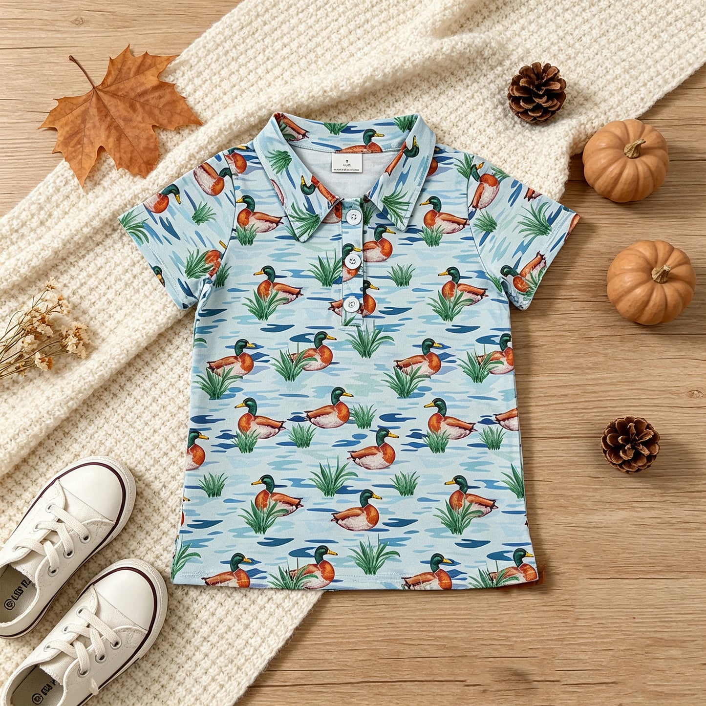 NEW RTS NO MOQ milk silk BT1381 Baby Boys Short Sleeve Ducks Hunting Button Polo Shirts Top